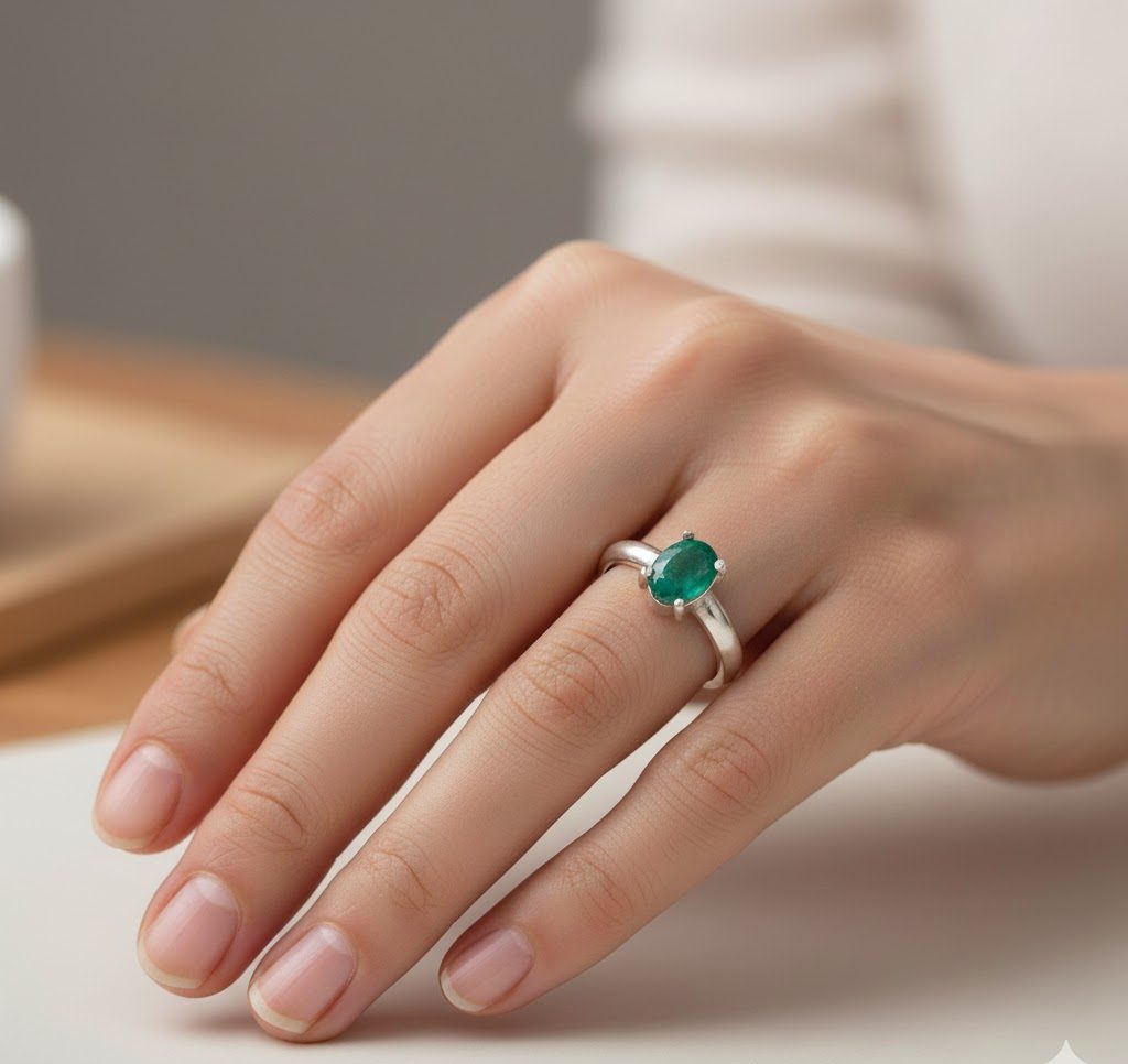 RESO1 1 CT Oval Emerald ring in Italian Silver size 7 adjustable